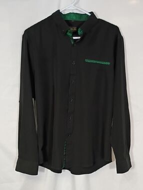 EUC DibanGu Men's Black Button Down Shirt with Green Trim Size Large Business